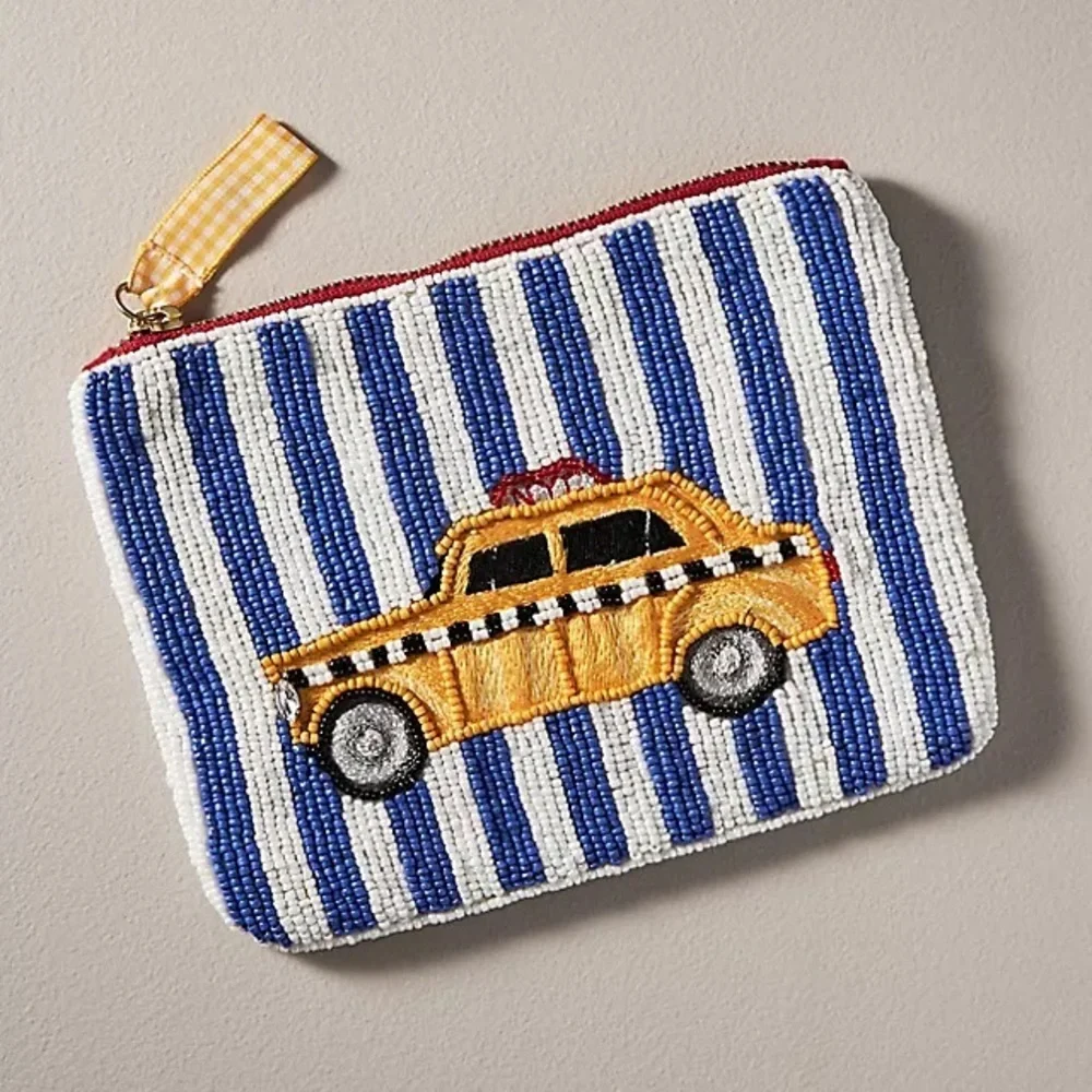 Anthropologie Beaded Taxi Pizza New York Pouch New  Striped Taxi Beaded Pouch